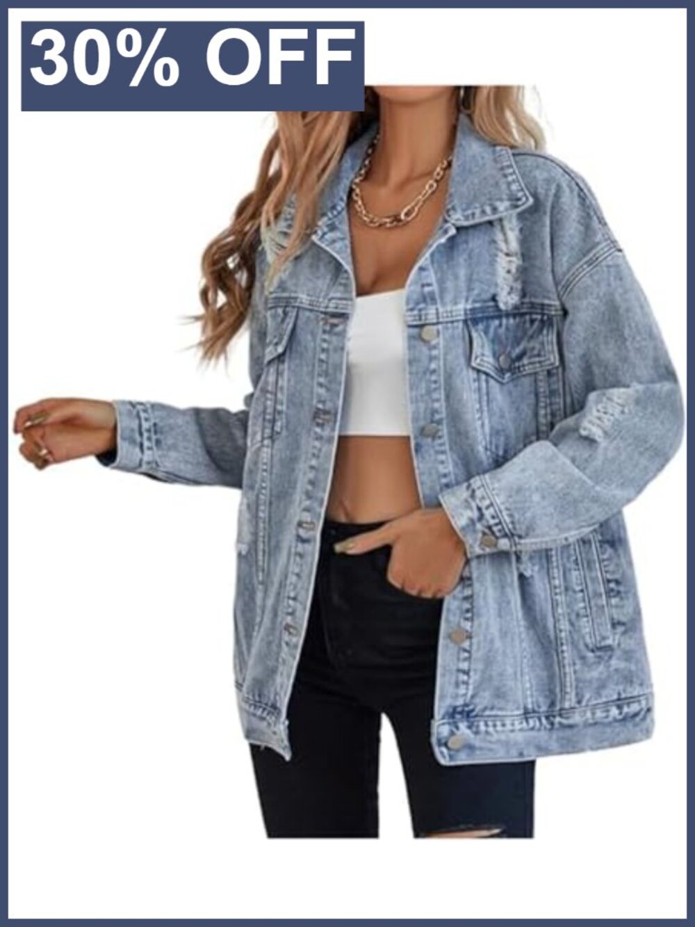 Oversized Distressed Denim Jacket Boyfriend Fit Casual